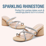 Load image into Gallery viewer, Vepose Women's Nude Heeled Sandals 3 Inch Chunky Block Raffia Heels - Rhinestone Strappy Square Open Toe Slip On Shoes for Casual Dressy Daily Wear Wedding Prom, Size 9 US (CJY6122 apricot 09)
