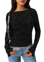 Load image into Gallery viewer, PRETTYGARDEN Women Long Sleeve Floral Mesh Tops Blouse 2025 Fall Trendy Boat Neck Ruched Fitted Shirt Going Out Date Outfits (Black,Medium)
