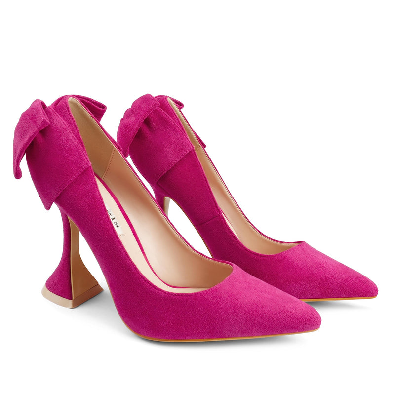 Zzheels Women's Bow High Heels Closed Toe Heels with Bow Chunky Heels Bridal Wedding Shoes Rose Suede US7