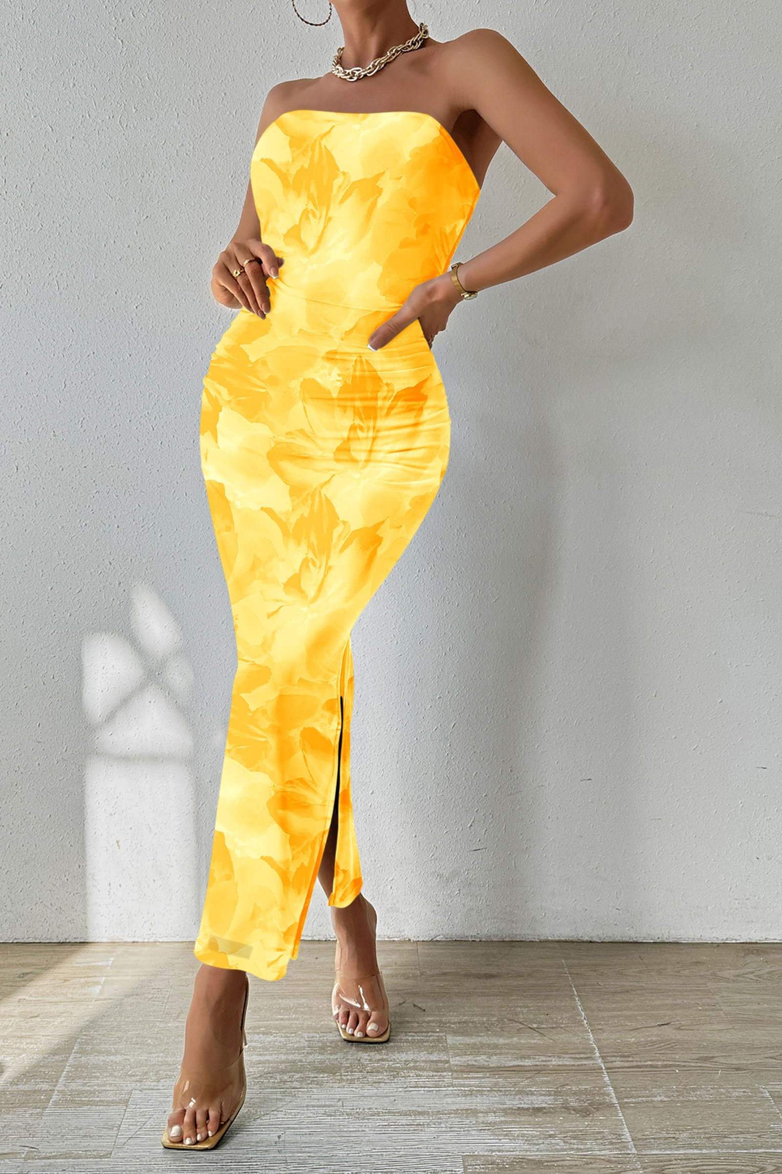 PRETTYGARDEN Women's Summer Maxi Bodycon Dresses Strapless Tube Top Printed Long Party Club Slit Dress (Floral Yellow,Medium)