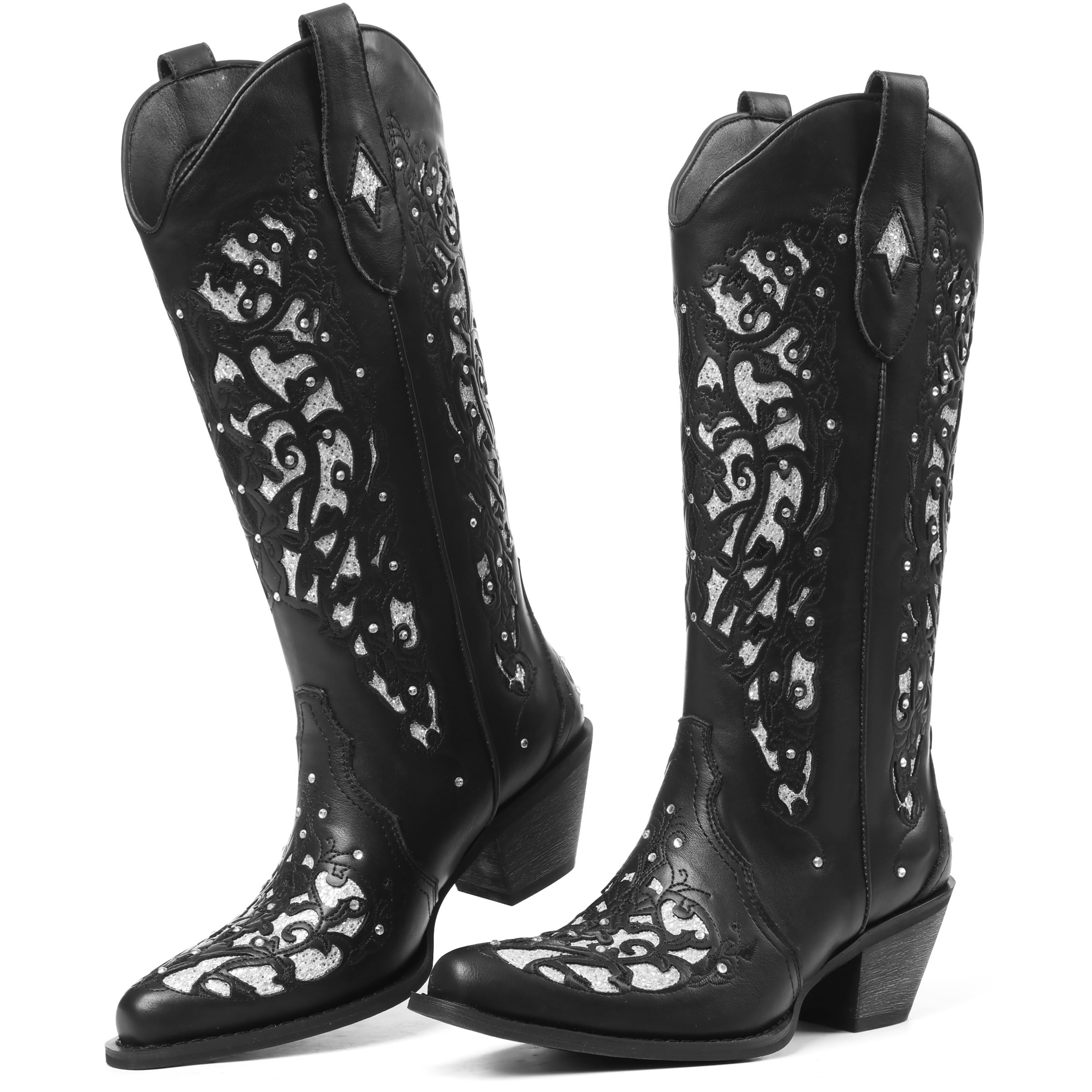 SaraIris Black Knee High Cowboy Boots for Women - Size 8.5, Chunky Heel, Pointed Toe, Rhinestones