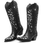 Load image into Gallery viewer, SaraIris Black Knee High Cowboy Boots for Women - Size 8.5, Chunky Heel, Pointed Toe, Rhinestones
