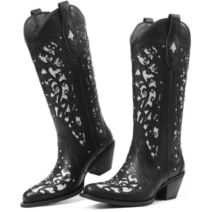 SaraIris Black Knee High Cowboy Boots for Women - Size 8.5, Chunky Heel, Pointed Toe, Rhinestones