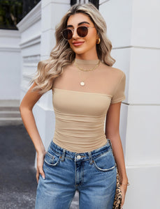 Avidlove Women's Short Sleeve Bodysuit Turtle Neck Body Suits Mesh Bodysuit Blouse Going Out Date Night Tops Nude