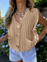 Load image into Gallery viewer, ANRABESS Women Chunky Knit Sweater Vest Button Down Casual Sleeveless Cardigan with Pockets Spring Trendy Outfits 2025 Khaki Small
