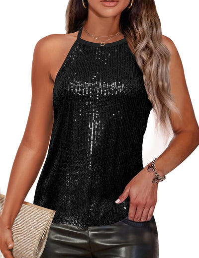 Traleubie Womens Tank Tops Sleeveless Camisole Halter Neck Sparkly Black Sequin Tops for Women, Large