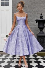 Load image into Gallery viewer, EBAKUS Tea Length Prom Dresses for Women Midi Elegant Square Neck Jacquard Floral Satin Bridesmaid Dress Pink A-Line Spaghetti Straps Evening Dress with Bow Size 6
