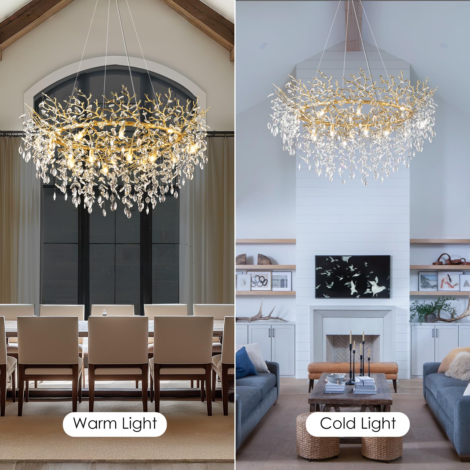 kvtinmty 14-Light Modern Large Crystal Chandelier for Dining Room, 48" Round Gold Crystal Tree Branche Chandelier, Living Room Crystal Chandelier, Crystal Chandeliers for High Ceiling,Entryway,Foyer