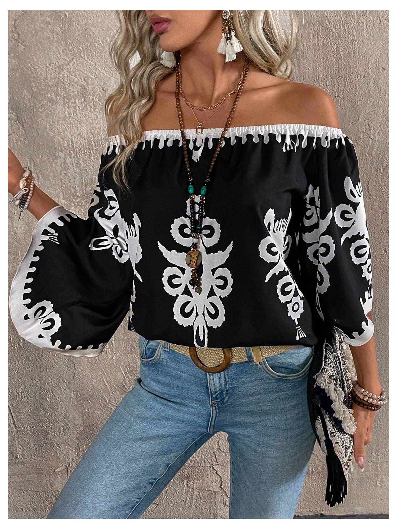 GORGLITTER Women's Off The Shoulder Bell Long Sleeve Top Allover Print Blouse Shirts Black Large