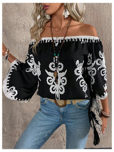 GORGLITTER Women's Off The Shoulder Bell Long Sleeve Top Allover Print Blouse Shirts Black Large