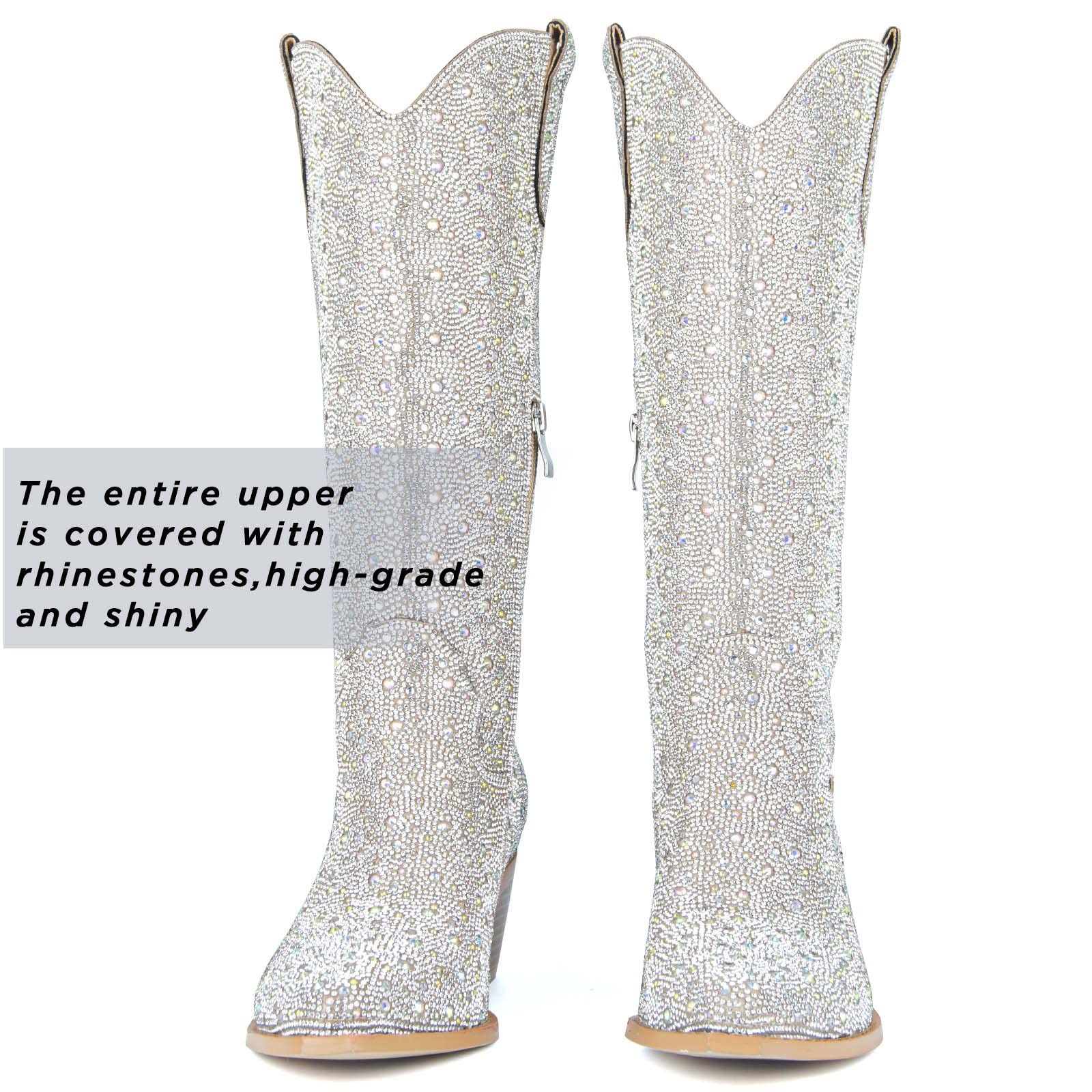 SOVANYOU Rhinestone Boots Cowboy Sparkly Boots for Women Silver Bling Boots Glitter Western Cowgirl Tall Boots Pointed Toe Crystal Knee High Boots