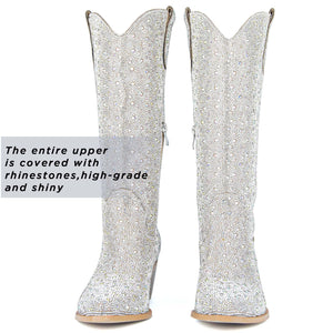 SOVANYOU Rhinestone Boots Cowboy Sparkly Boots for Women Silver Bling Boots Glitter Western Cowgirl Tall Boots Pointed Toe Crystal Knee High Boots