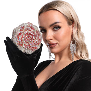 Boutique De FGG Rose Crystal Clutch Purse Women Flower Evening Bag Wedding Party Prom Bridal Rhinestone Floral Handbag,Mini,Red