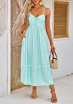 Load image into Gallery viewer, Fashionme Summer Maxi Dresses for Women 2026 Striped Vacation Beach Long Sundresses A Line Casual Flowy Boho Spaghetti Strap Backless V Neck Sleeveless with Pockets
