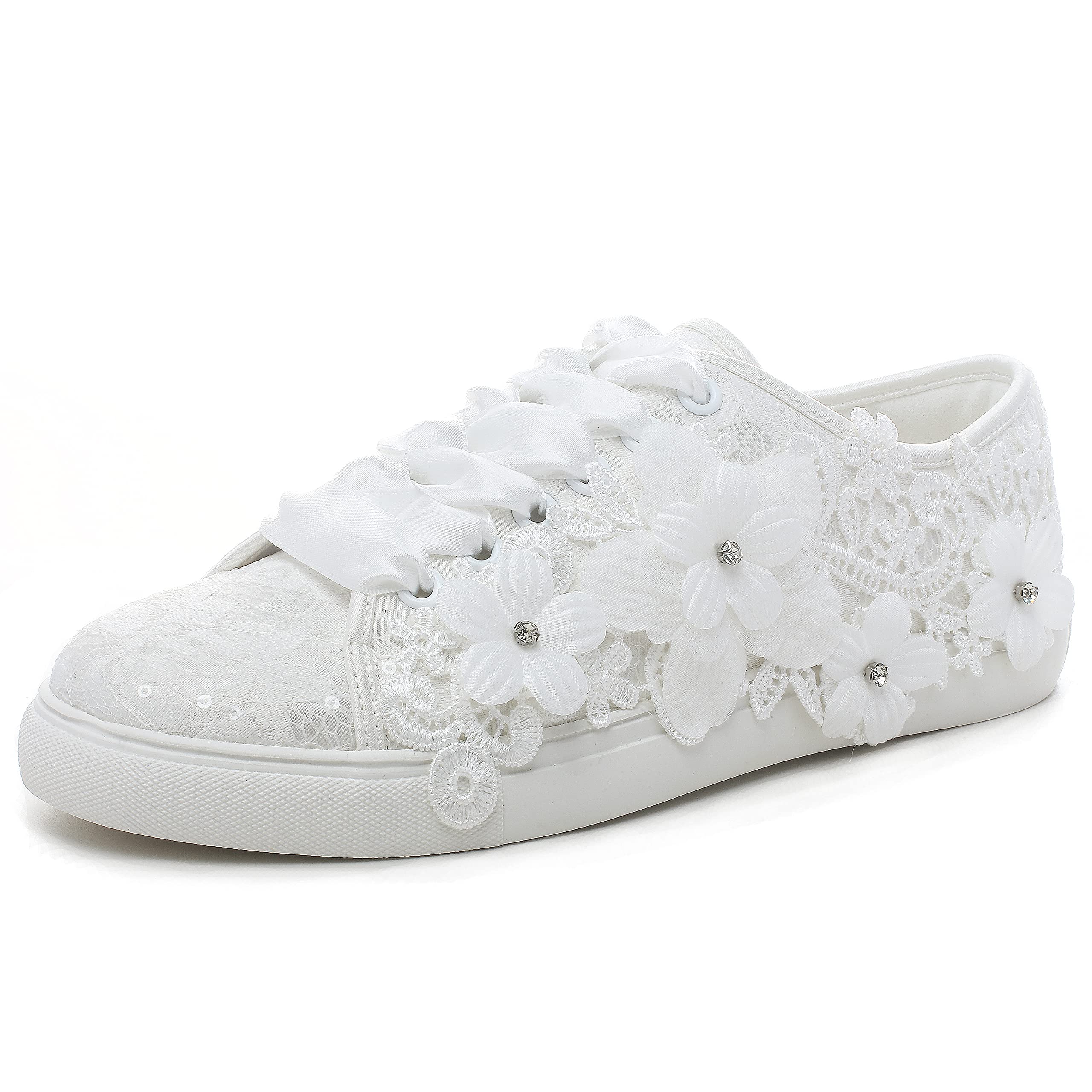 Elivandon 16054 Wedding Shoes Bridal Sneakers Flats Bride Tennis Shoes Flowers Lace Sneakers Colour Ivory,Size 9 B(M) US/40 EU