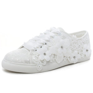 Elivandon 16054 Wedding Shoes Bridal Sneakers Flats Bride Tennis Shoes Flowers Lace Sneakers Colour Ivory,Size 9 B(M) US/40 EU
