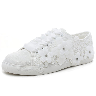 Elivandon 16054 Wedding Shoes Bridal Sneakers Flats Bride Tennis Shoes Flowers Lace Sneakers Colour Ivory,Size 9 B(M) US/40 EU