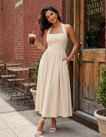 Load image into Gallery viewer, ZESICA Women's Summer Sleeveless Halter Midi Dress 2025 Off Shoulder High Waist Swing Flowy Beach Long Dresses,Apricot,Medium
