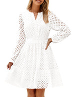 Load image into Gallery viewer, ZESICA Women&#39;s 2025 Long Sleeve Mini Dress Spring V Neck Hollow Out Eyelet Embroidery Ruffle A Line Swing Short Dresses,White,Medium
