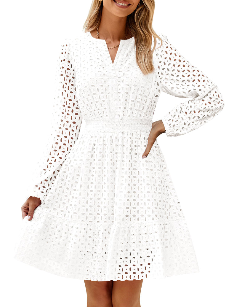 ZESICA Women's 2025 Long Sleeve Mini Dress Spring V Neck Hollow Out Eyelet Embroidery Ruffle A Line Swing Short Dresses,White,Medium