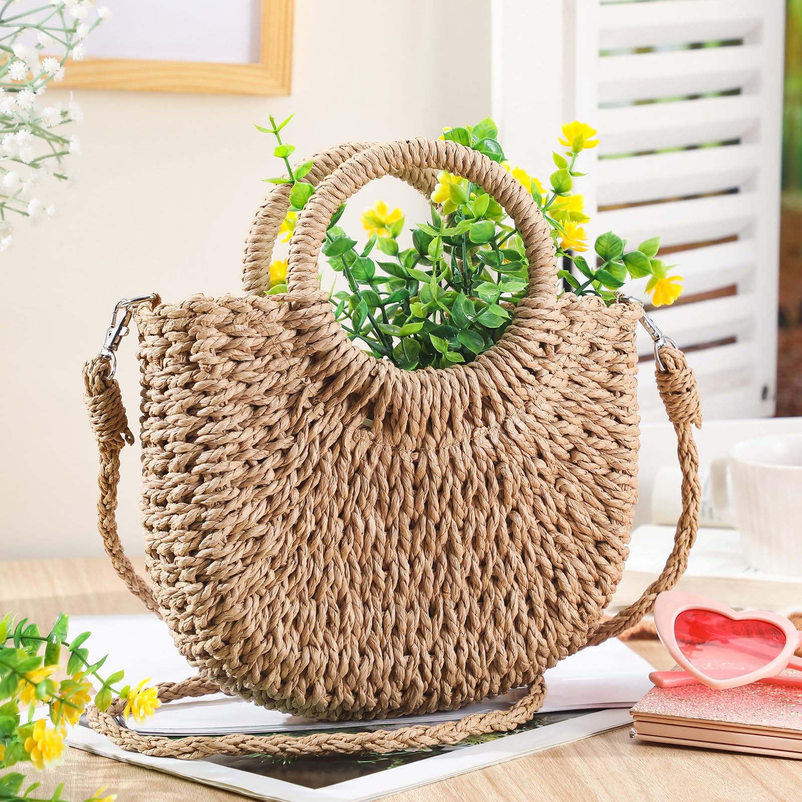 Oudain 6 Pcs Semi Circle Rattan Straw Bags Straw Purses for Women Summer Beach Tote Bags Hand Woven Cross Body Handbag