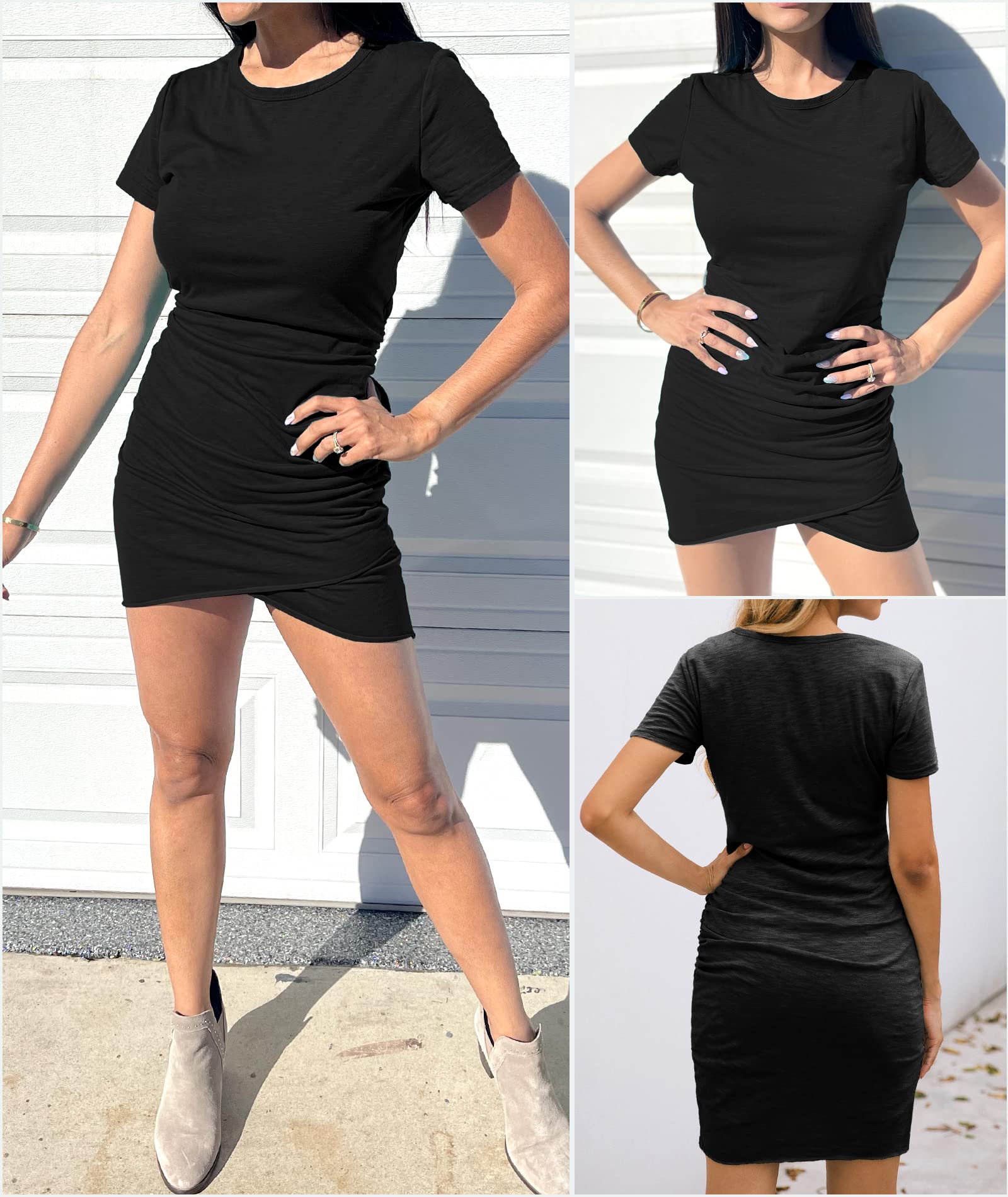 BTFBM Women's 2025 Summer Casual Beach Dresses Crew Neck Short Sleeve Wrap Party Club Mini Ruched Bodycon T Shirt Dress(Black, Medium)