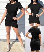 Load image into Gallery viewer, BTFBM Women&#39;s 2025 Summer Casual Beach Dresses Crew Neck Short Sleeve Wrap Party Club Mini Ruched Bodycon T Shirt Dress(Black, Medium)

