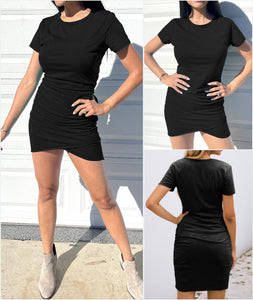 BTFBM Women's 2025 Summer Casual Beach Dresses Crew Neck Short Sleeve Wrap Party Club Mini Ruched Bodycon T Shirt Dress(Black, Medium)