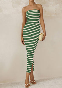 PRETTYGARDEN Women's Summer Bodycon Maxi Tube Dress Ribbed Strapless Side Slit Long Going Out Casual Elegant Party Dresses (Wide Striped Green White,Small)