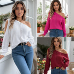 Load image into Gallery viewer, ACWUMU Womens Off Shoulder Crochet Sweater Fall Fashion 2025 Knit Tops Casual Long Sleeve Pullover Sweaters Burgundy
