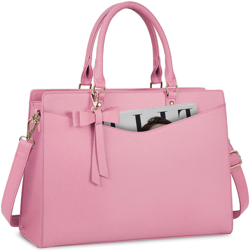 RAINSMORE Laptop Bag for Women 15.6 Inch PU Tote Bag Business Office Work Bag Waterproof Briefcase Computer Tote Lightweight Handbag Shoulder, Pink