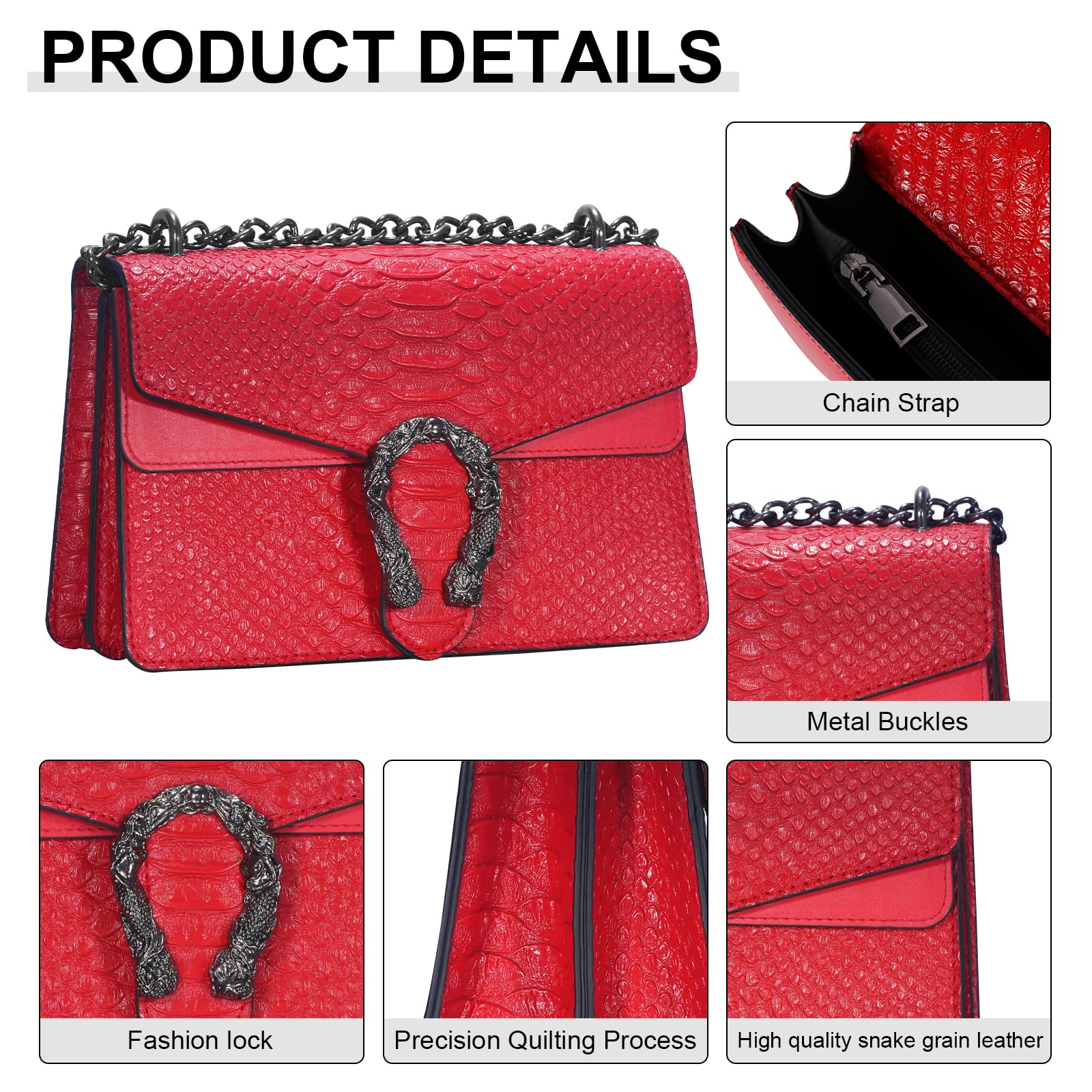 Aiqudou Leather Crossbody Bag Chain Purse for Women - Snake Print Shoulder Bag Luxury Evening Satchel Handbag Ladies Underarm Bag(Red)