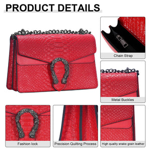 Aiqudou Leather Crossbody Bag Chain Purse for Women - Snake Print Shoulder Bag Luxury Evening Satchel Handbag Ladies Underarm Bag(Red)