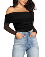 Load image into Gallery viewer, SAUNGKUAI Women&#39;s Off The Shoulder Long Sleeve Bodysuit Sexy Slimming Body Suit Tops Sheer Mesh Ruched Outfits Black M
