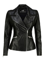 Load image into Gallery viewer, Jild Women's Asymmetrical Zip-Up Real Lambskin Leather Motorcycle Jacket - Casual Fashion Moto Biker Leather Jacket Women (BW-Blk-XS)

