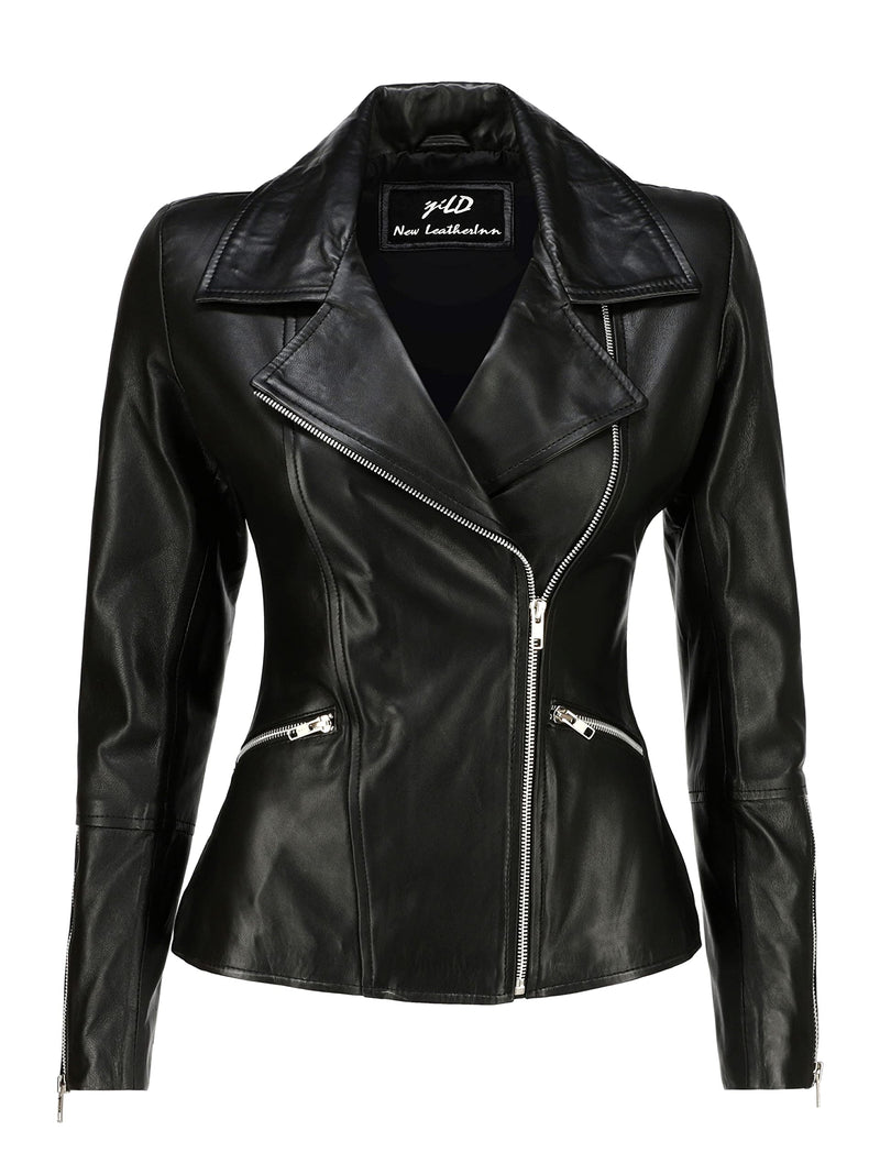 Jild Women's Asymmetrical Zip-Up Real Lambskin Leather Motorcycle Jacket - Casual Fashion Moto Biker Leather Jacket Women (BW-Blk-XS)