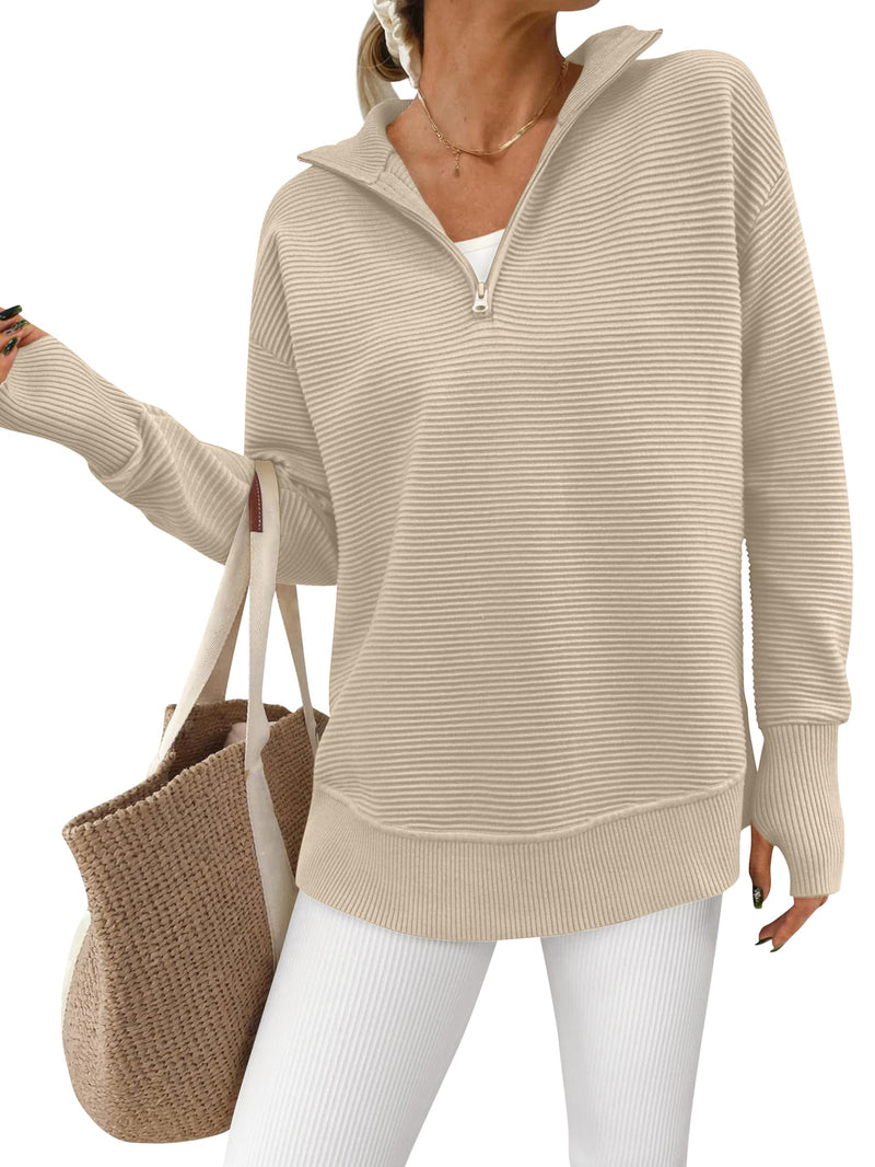 PRETTYGARDEN Womens Long Sleeve Quarter Zip Pullover Sweater Casual Loose V Neck Collared Ribbed Knit Jumper Tops Thumb Hole(Light Khaki,Medium)
