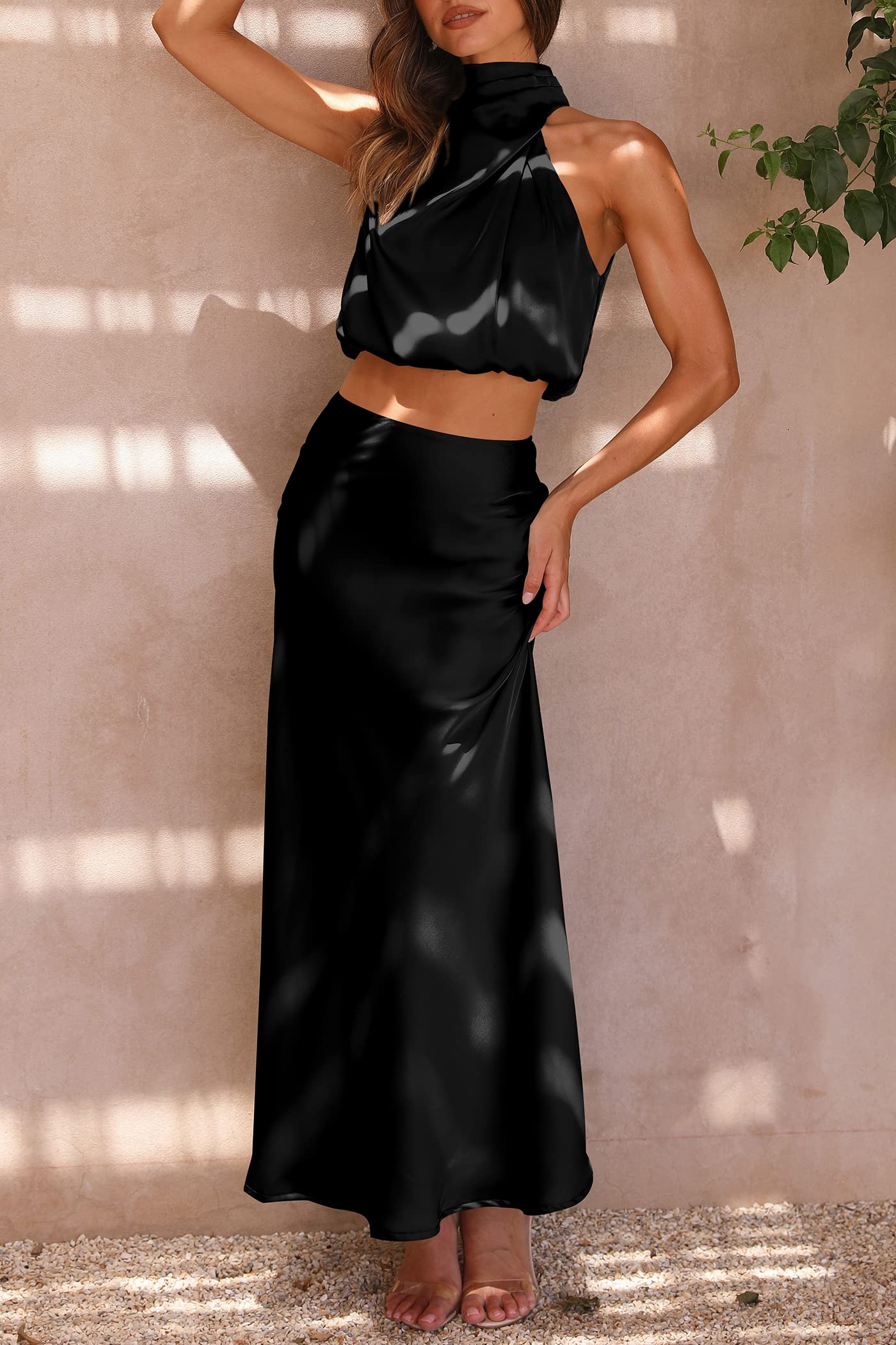 PRETTYGARDEN Women's 2 Piece Satin Outfits Summer Sleeveless Mock Neck Crop Tops and Long Skirt Dress Sets (Black,Medium)