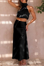 Load image into Gallery viewer, PRETTYGARDEN Women&#39;s 2 Piece Satin Outfits Summer Sleeveless Mock Neck Crop Tops and Long Skirt Dress Sets (Black,Medium)
