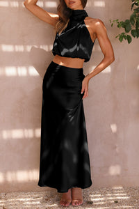 PRETTYGARDEN Women's 2 Piece Satin Outfits Summer Sleeveless Mock Neck Crop Tops and Long Skirt Dress Sets (Black,Medium)