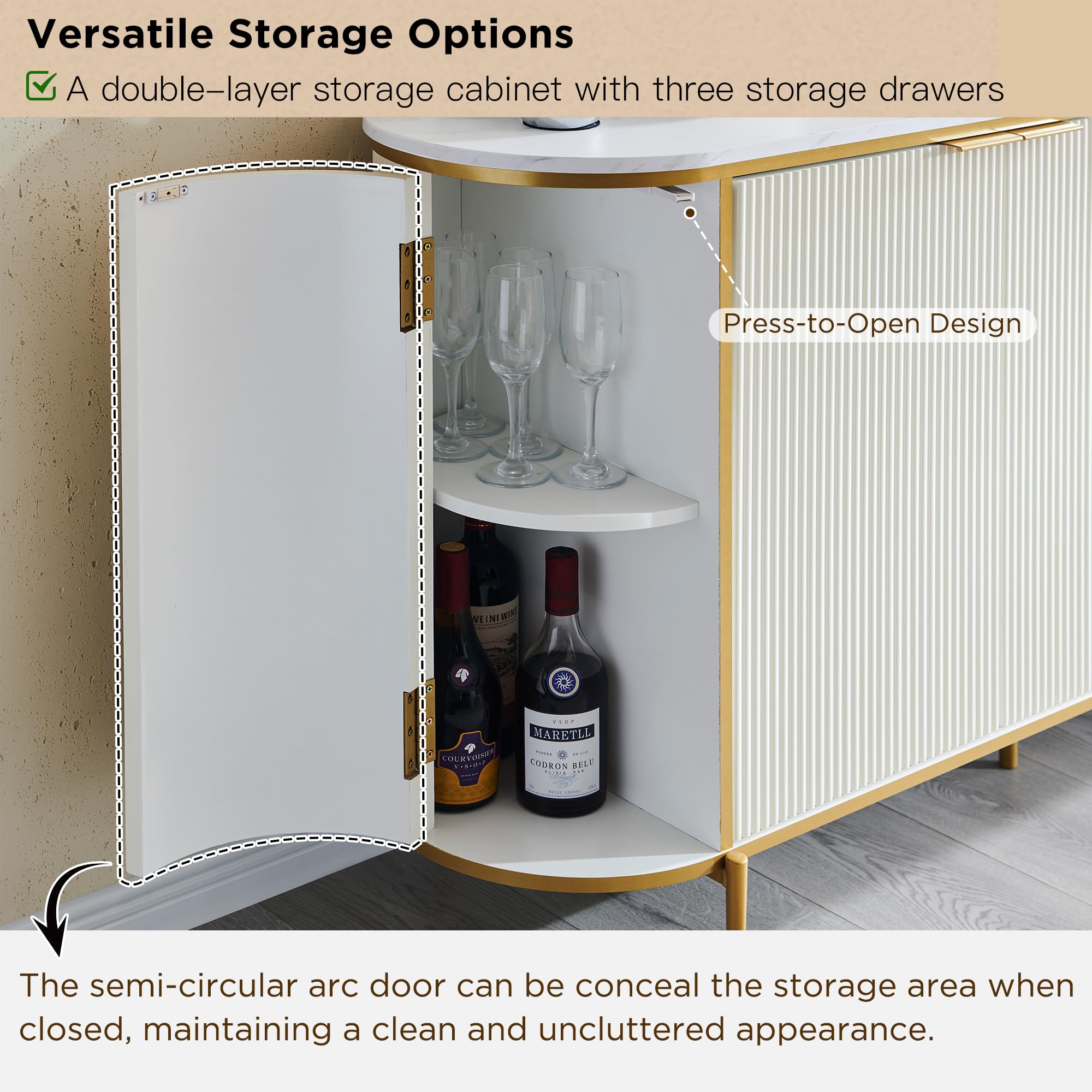 T4TREAM Fluted Sideboard Buffet Cabinet, Modern 60" Buffet Table Coffee Bar Wine Bar Storage Console Cabinet, Accent Table for Dining Room, Living Room, Hallway (Off White)