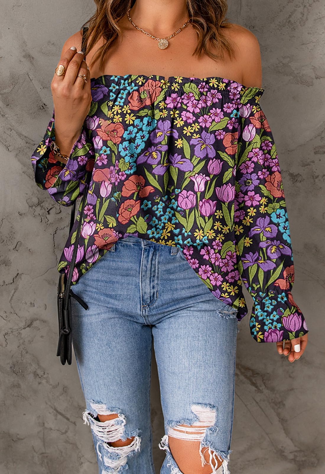 Spriolim Womens Boho Floral Off Shoulder Top Long Sleeve Casual Shirt Cute Summer Blouses Floral Purple, Medium