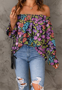 Spriolim Womens Boho Floral Off Shoulder Top Long Sleeve Casual Shirt Cute Summer Blouses Floral Purple, Medium