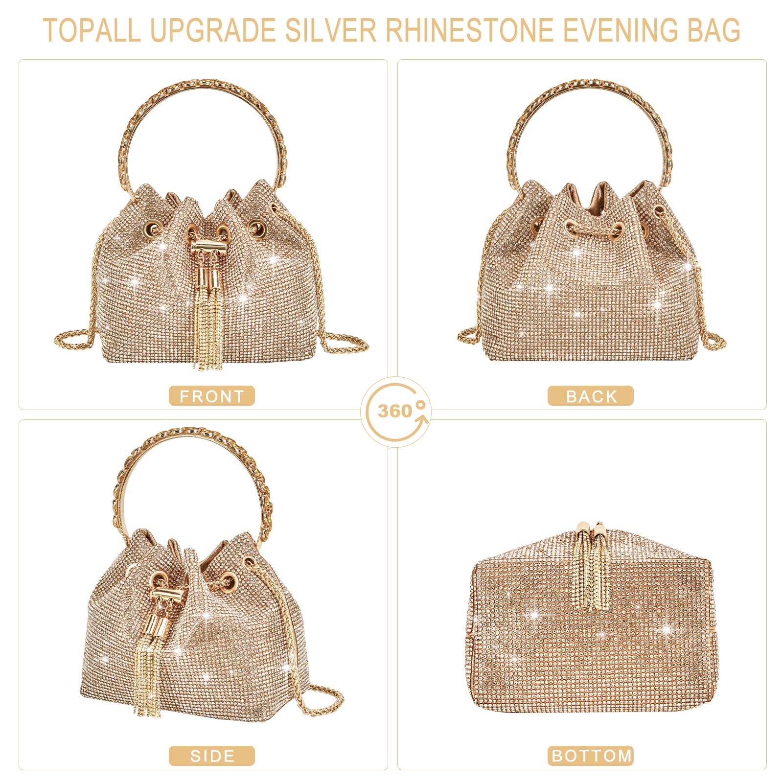 TOPALL Upgrade Rhinestone Evening Bag Bling Purse Sparkly Diamond Silver Clutch Purses for Women Party Club Wedding Prom (Medium)
