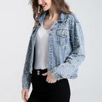 Load image into Gallery viewer, LifeShe Women's Pearls Denim Jacket Cropped Rhinestones Jean Jacket Coat
