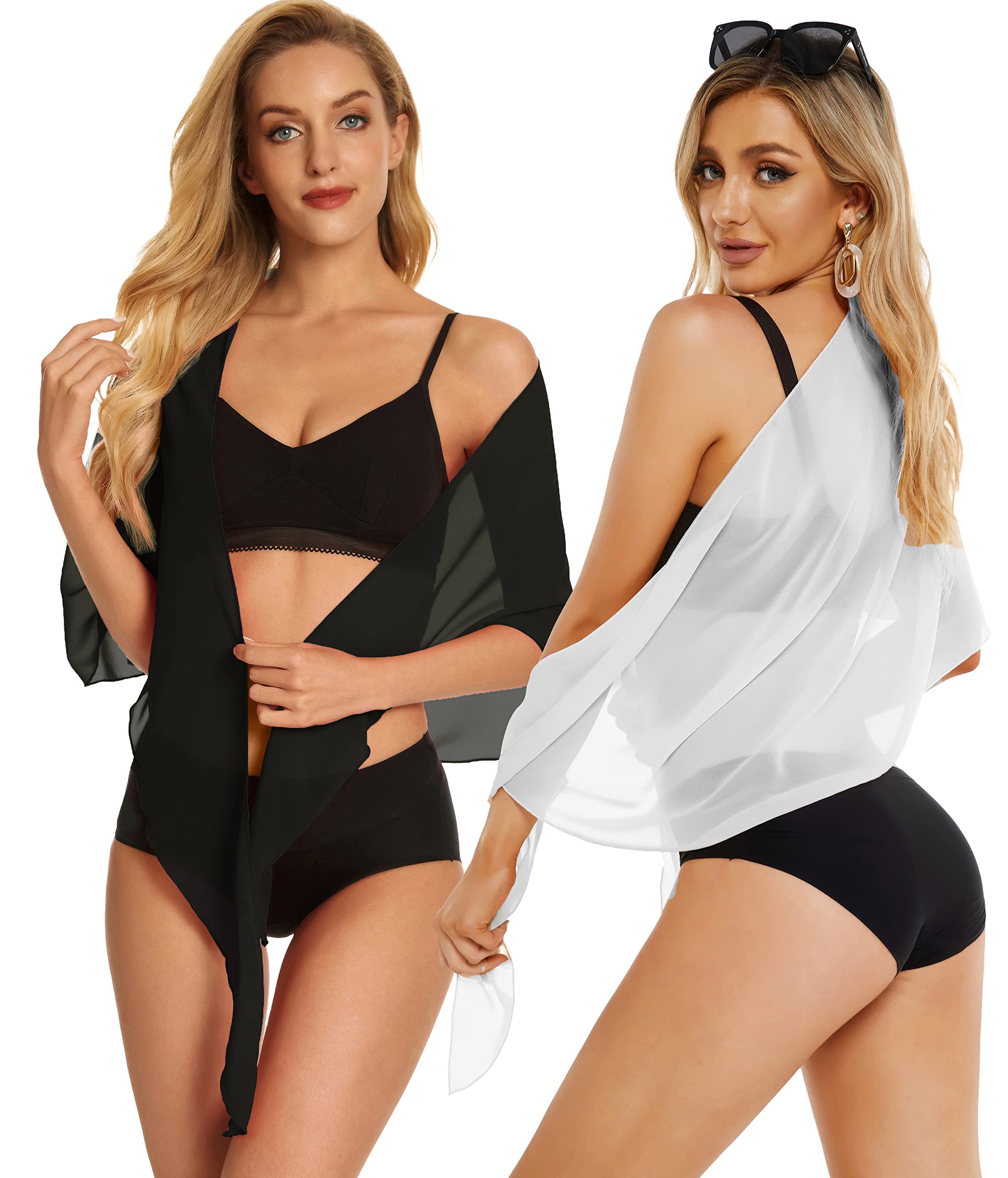 2 Pieces Sarong Cover Ups for Women Beach Bathing Suit Wrap Sheer Short Skirt Bikini Chiffon Scarf for Swimwear (Black and White)