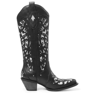 SaraIris Black Knee High Cowboy Boots for Women - Size 8.5, Chunky Heel, Pointed Toe, Rhinestones