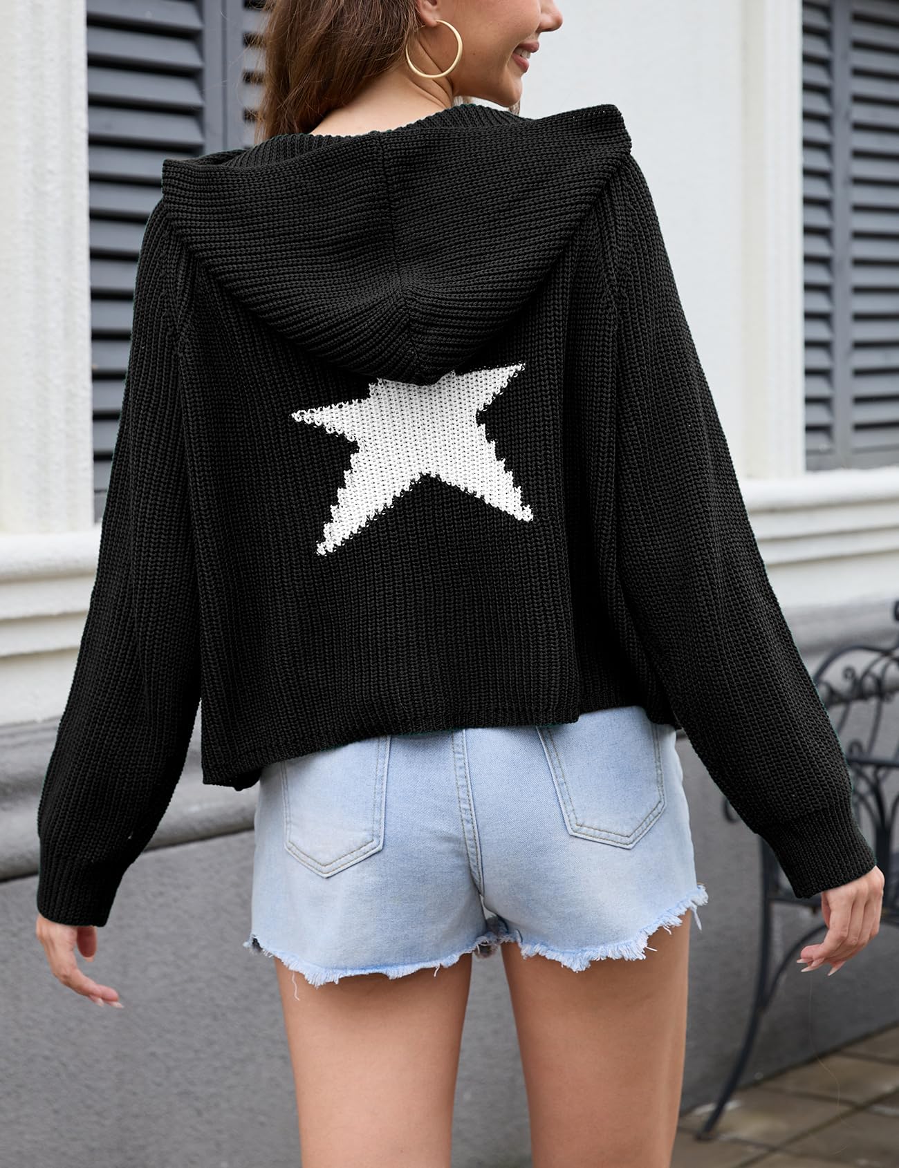 Yimoon Women’s Star Hoodies Y2k Sweater Oversized Graphic Aesthetic 90s Sweatshirt Knit Crewneck Long Sleeve Vintage Pullover Tops (Black-S)