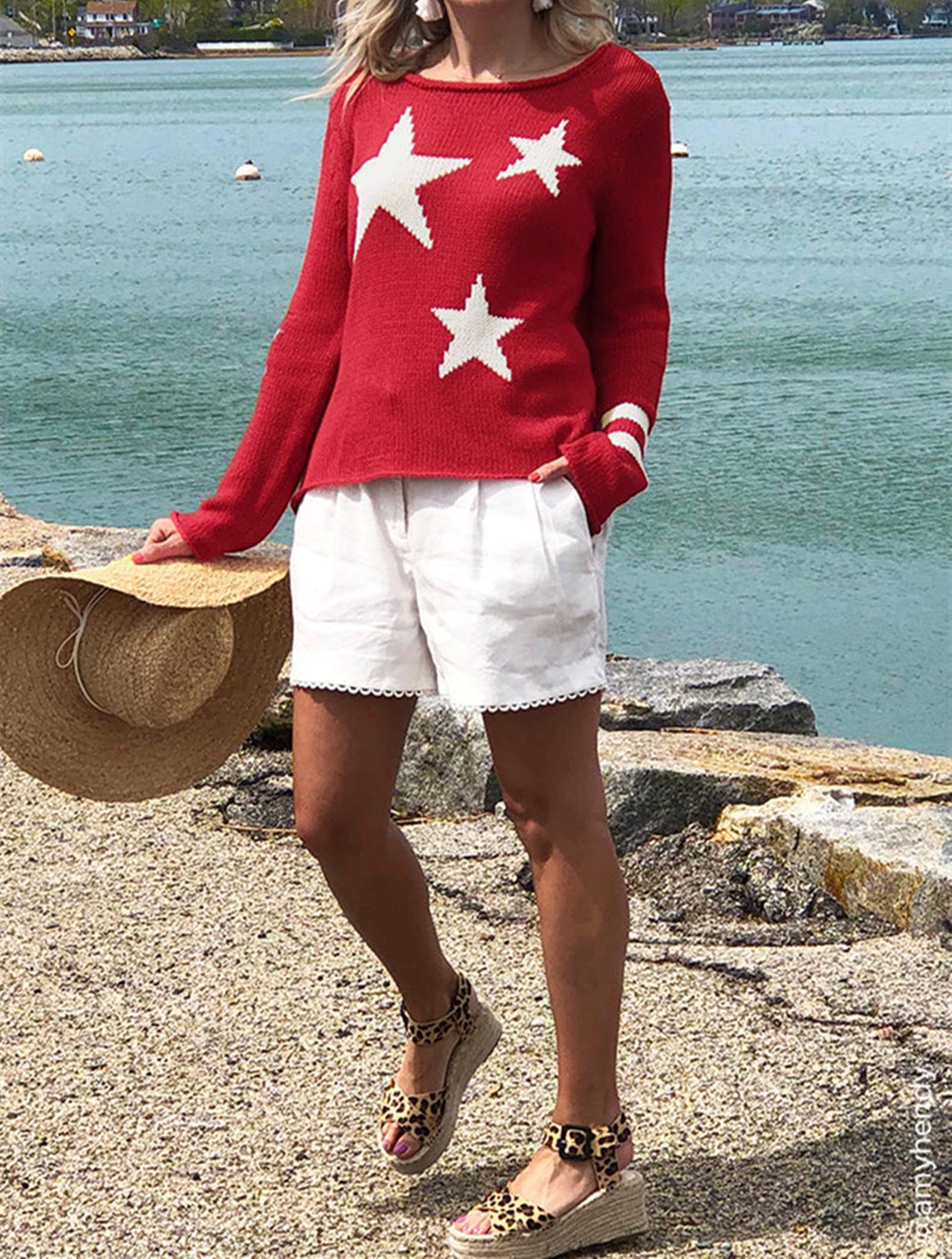 Winioder Women American Flag Sweater 4th of July Long Sleeve Crewneck Star Sweatshirt Vintage Hollow Out Knit Pullover Jumper Tops(Star Red,S)