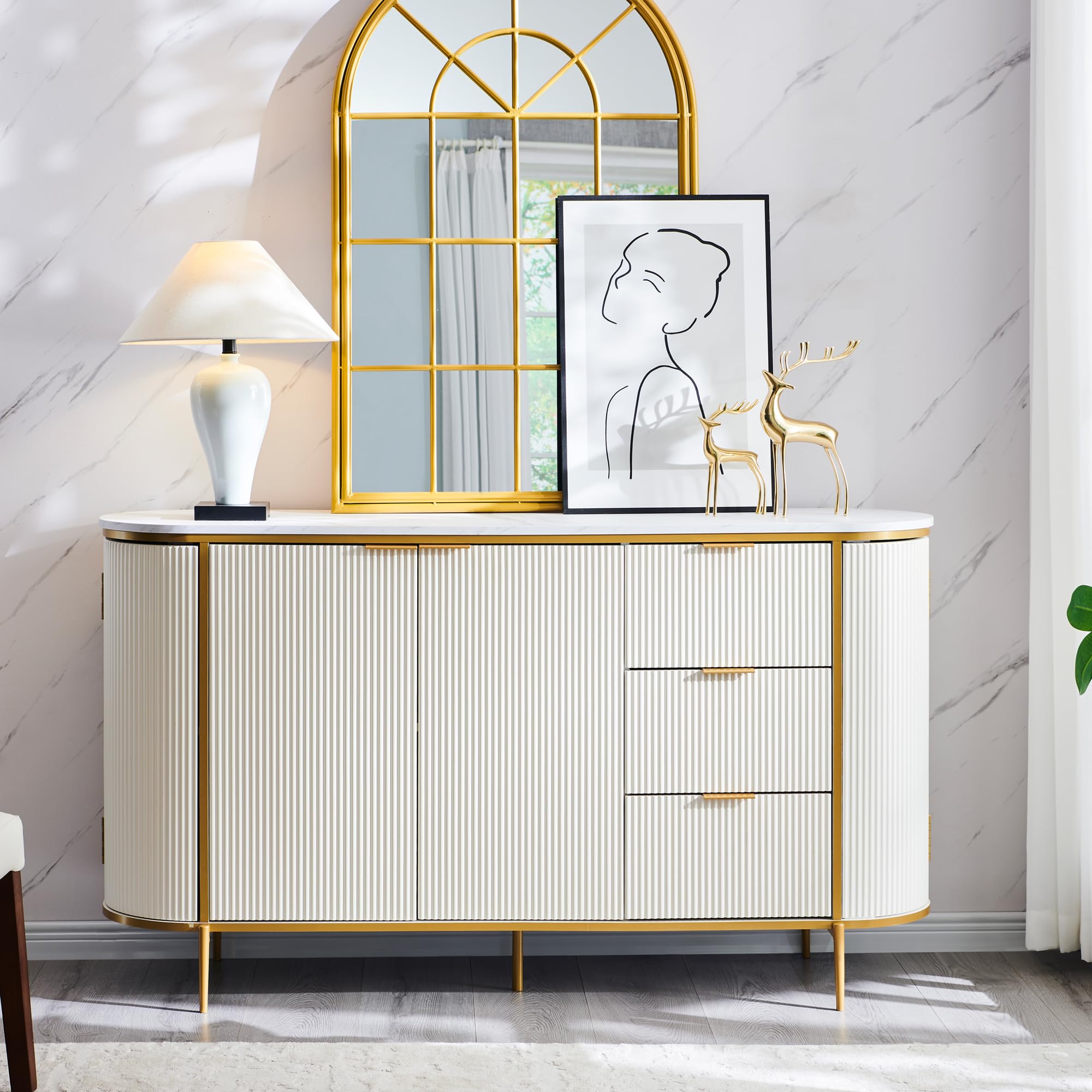 T4TREAM Fluted Sideboard Buffet Cabinet, Modern 60" Buffet Table Coffee Bar Wine Bar Storage Console Cabinet, Accent Table for Dining Room, Living Room, Hallway (Off White)